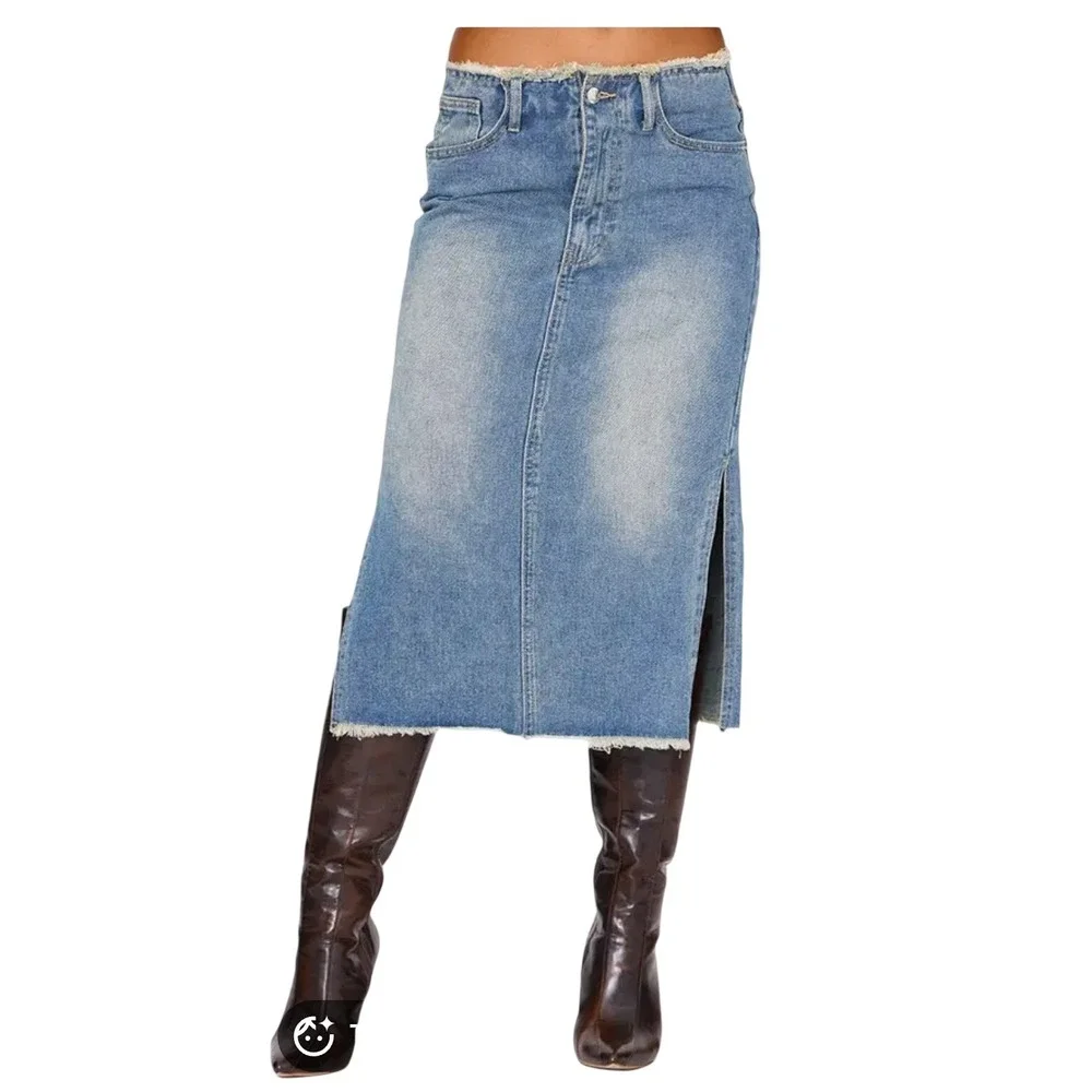 PrettyLittleThing Vintage Wash Side Split Raw Hem Denim Midi Skirt Blue Size 12